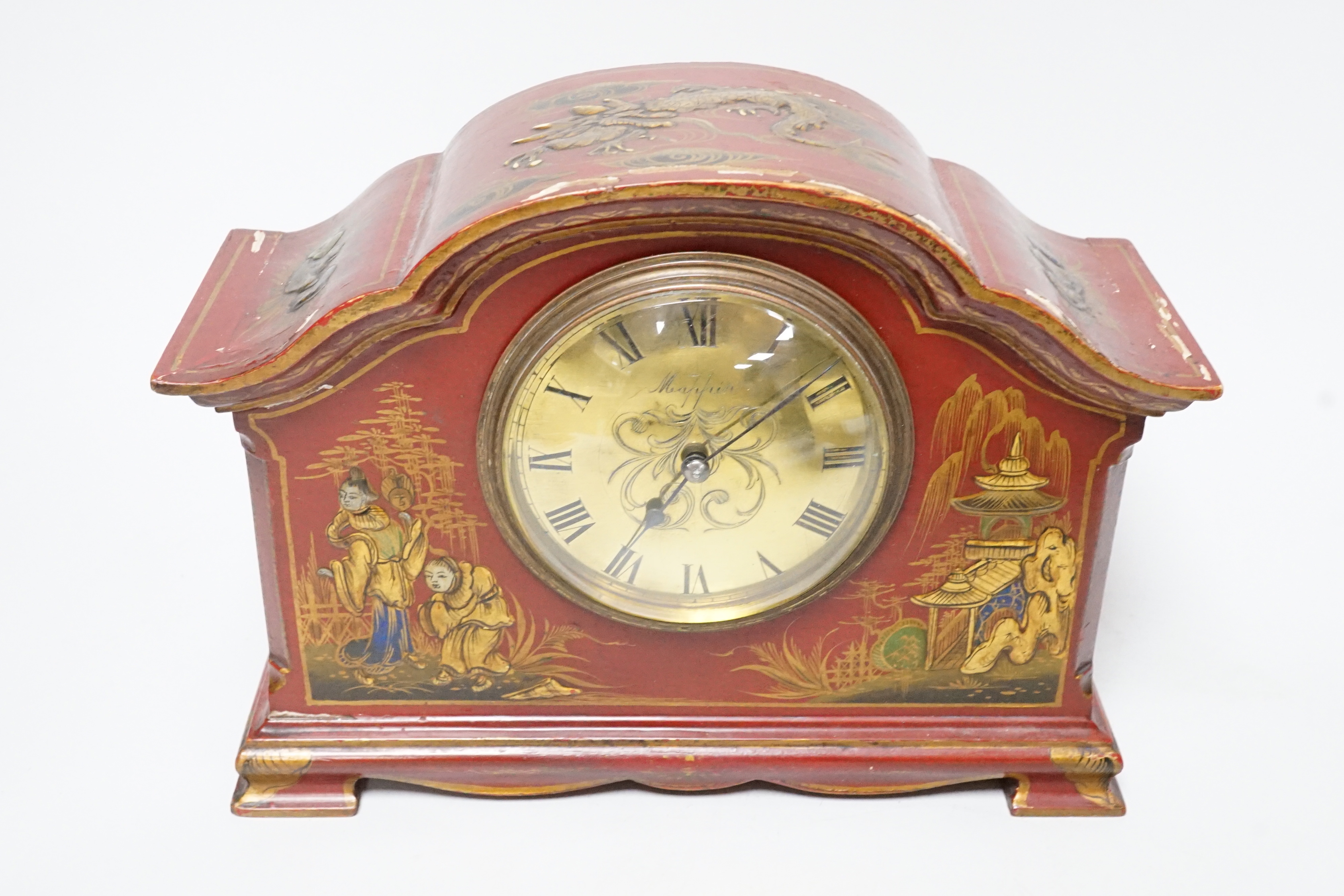 A French chinoiserie mantel clock by Mappin, and an Edwardian inlaid book trough, 25cm